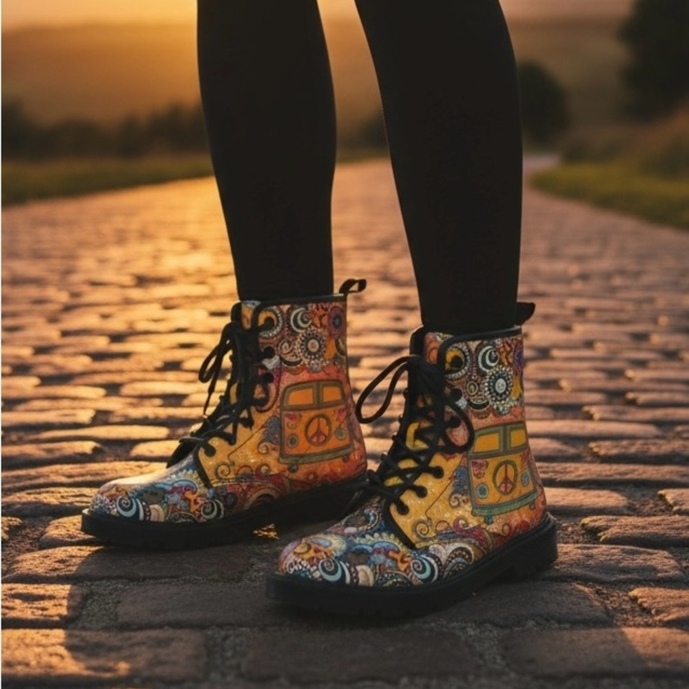 Yes We Vibe Colorful Hippie Van Boots, Size 6, Excellent Condition